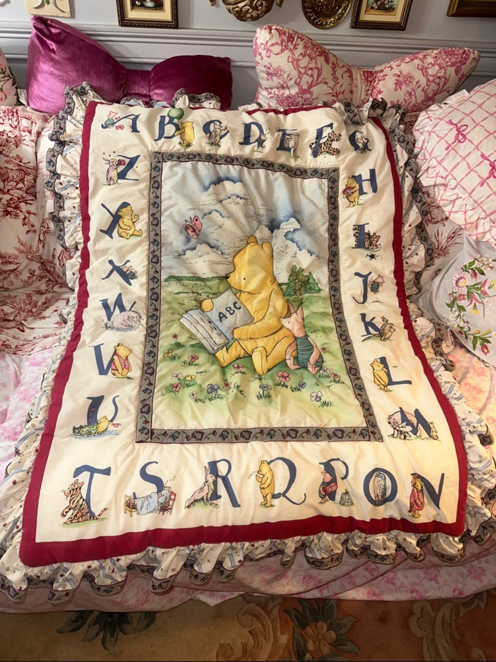 Vintage Winnie the Pooh Alphabet Nursery 2 Quilt, crib bumper pad, crib skirt